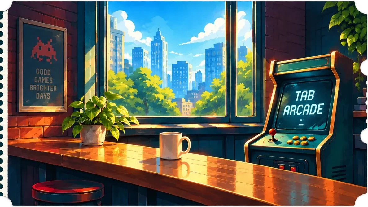 A sunny arcade clubhouse with a game cabinet and city window