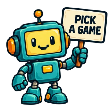 A small arcade robot holding a Pick a game sign